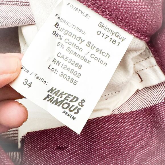 Naked & Famous Men's Red Skinny Guy Red Slim Fit Denim Jeans Size 34 - Picture 7 of 8